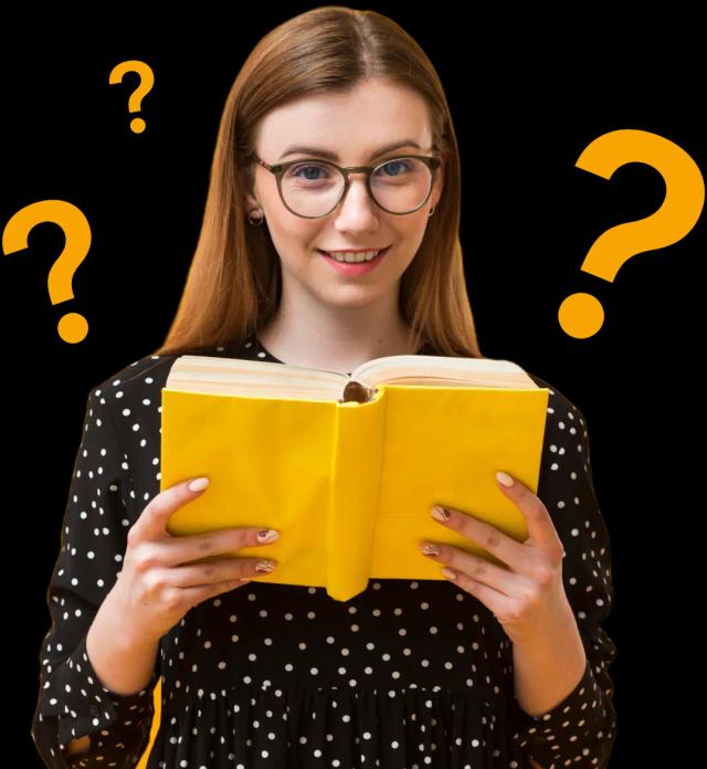 Girl with a book and question marks symbolizing frequently asked questions and answers