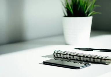 A Phone and a notebook on the table against the background of a flower pot